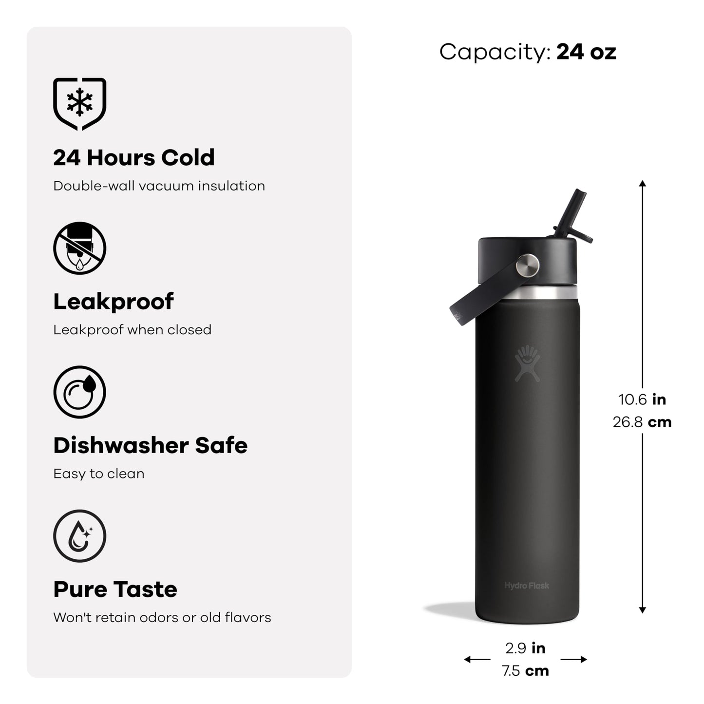 Hydro Flask Water Bottle - Insulated Stainless Steel - Wide Straw Lid, Non Spill, Leakproof in 24 Oz Tonal Black