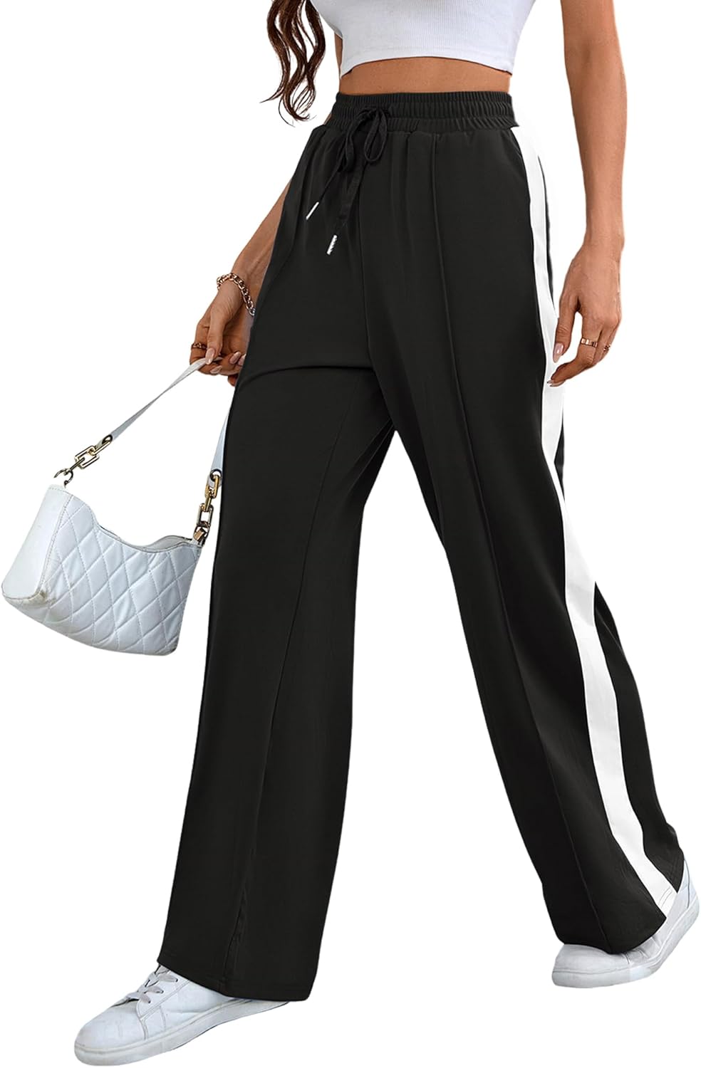 Skiennix Wide Leg Sweatpants - High Waisted Baggy Active Pants with Pockets | Striped Design