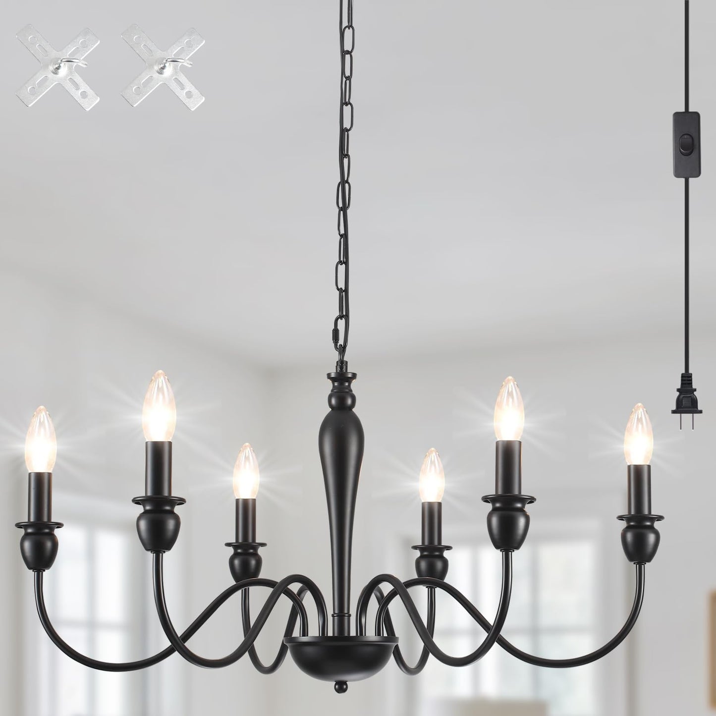 LXWNYY Plug in Chandelier with Long Cord 15.1ft, 6 Lights Farmhouse Light Fixtures Hanging Lights with Plug in Cord, Black Plug in Candle Chandier for Living Dining Room Bedroom Kitchen