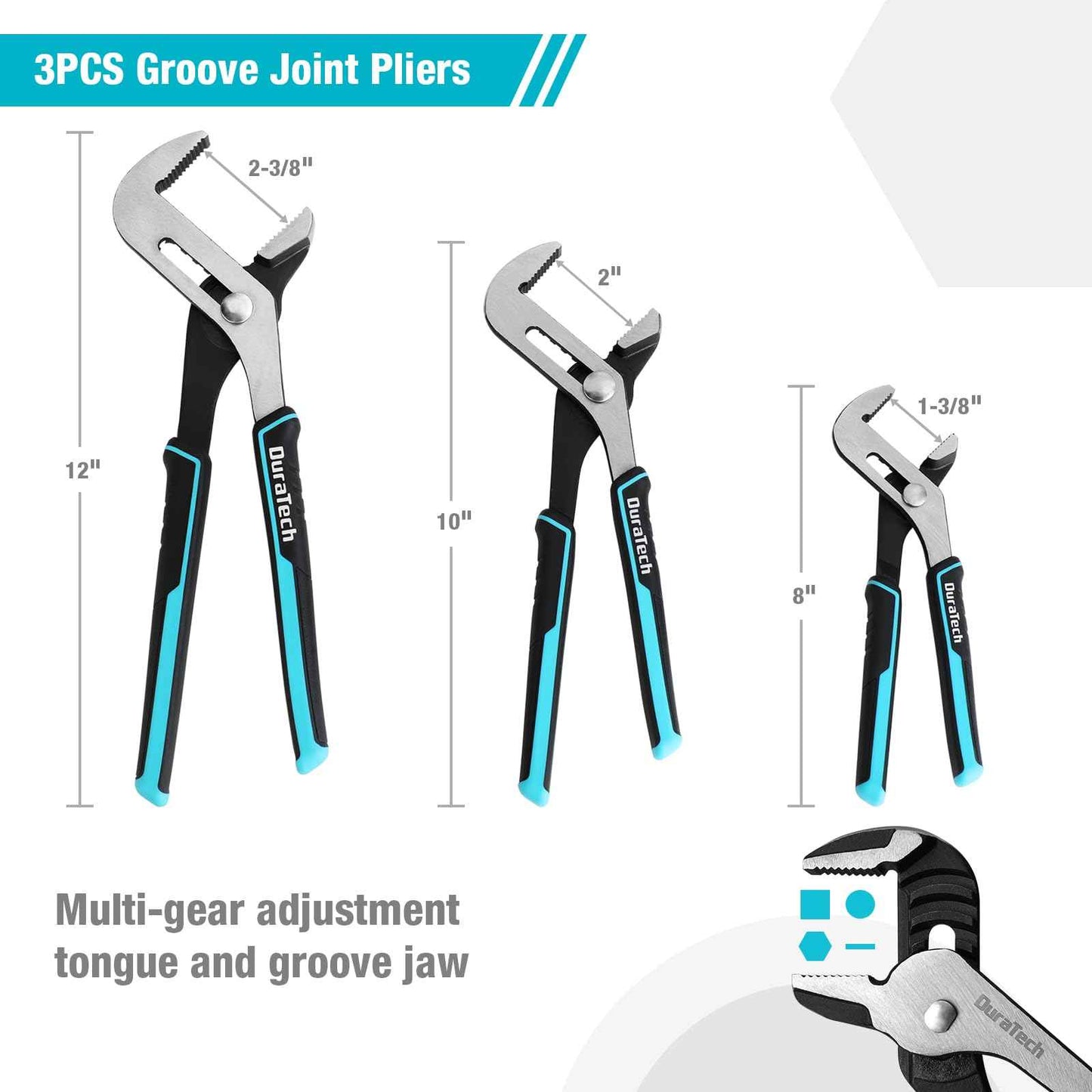 DURATECH 8-Piece Pliers Set with Rolling Pouch, Premium Cr-V/Cr-Ni Construction, (12", 10", 8" Groove Joint Pliers, 8" Adjustable Wrench, 8" Linesman, 6" Long Needle Nose, 6" Slip Joint, 6" Diagonal)