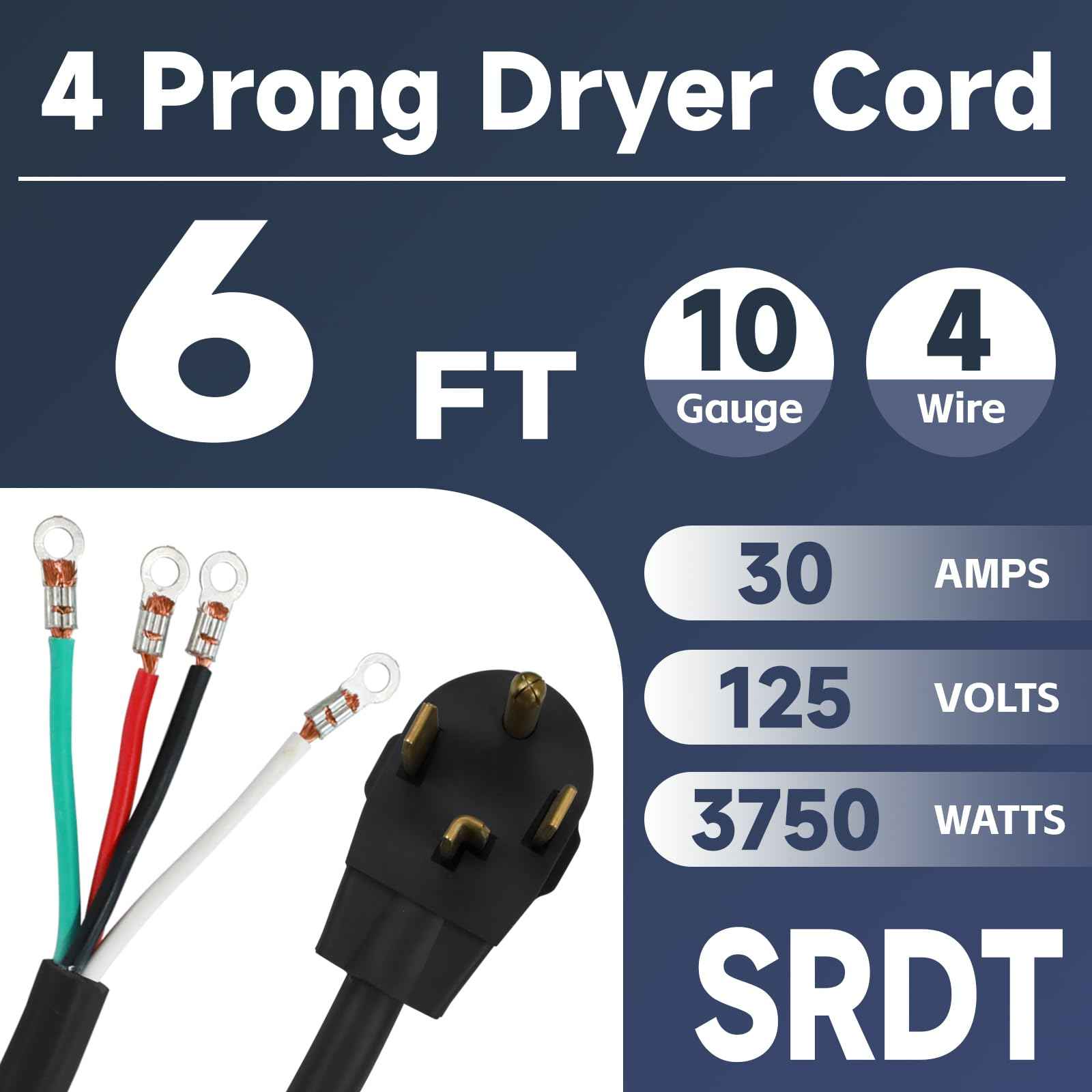 EP 4 Prong Dryer Cord, 6 ft 10/4 SRDT, 30Amp Appliance Extension Power Cord, NEMA 14-30, Black