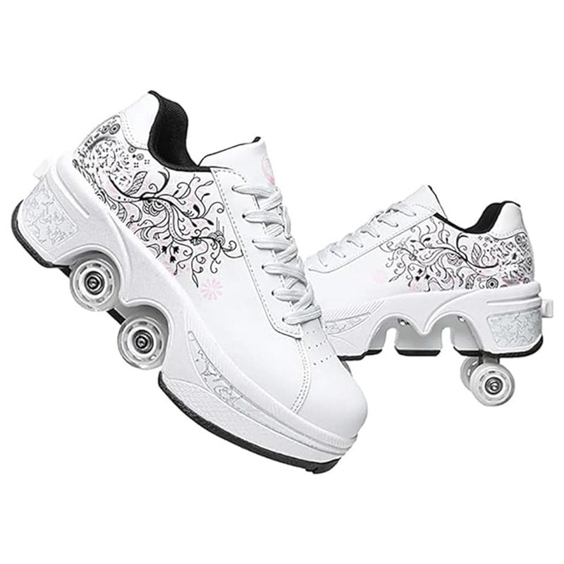 Roller Skate Shoes for Men Women, 2-in-1 Double-Row Deform Wheel Roller Skates, Boy Girl Sneakers with Removable Wheels, Indoor Outdoor Skates Shoes (White Pink, US 5.5)