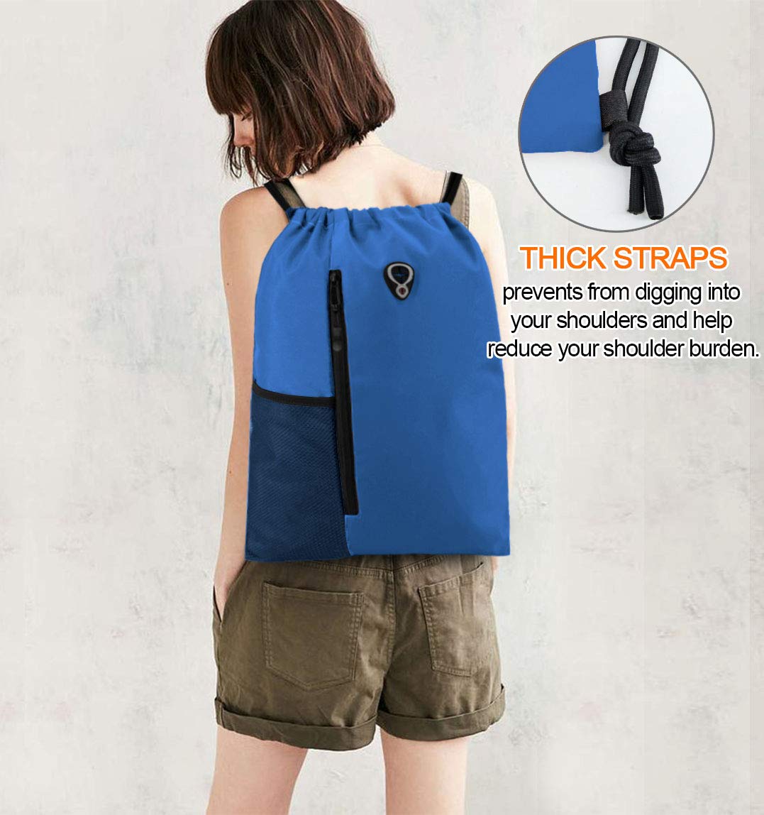 BeeGreen Royalblue Draw Strap Backpack For Men With Water Bottle Pocket &Front Zippered Pocket Large String Bags For Traveling Yoga Beach Outdoor Gym