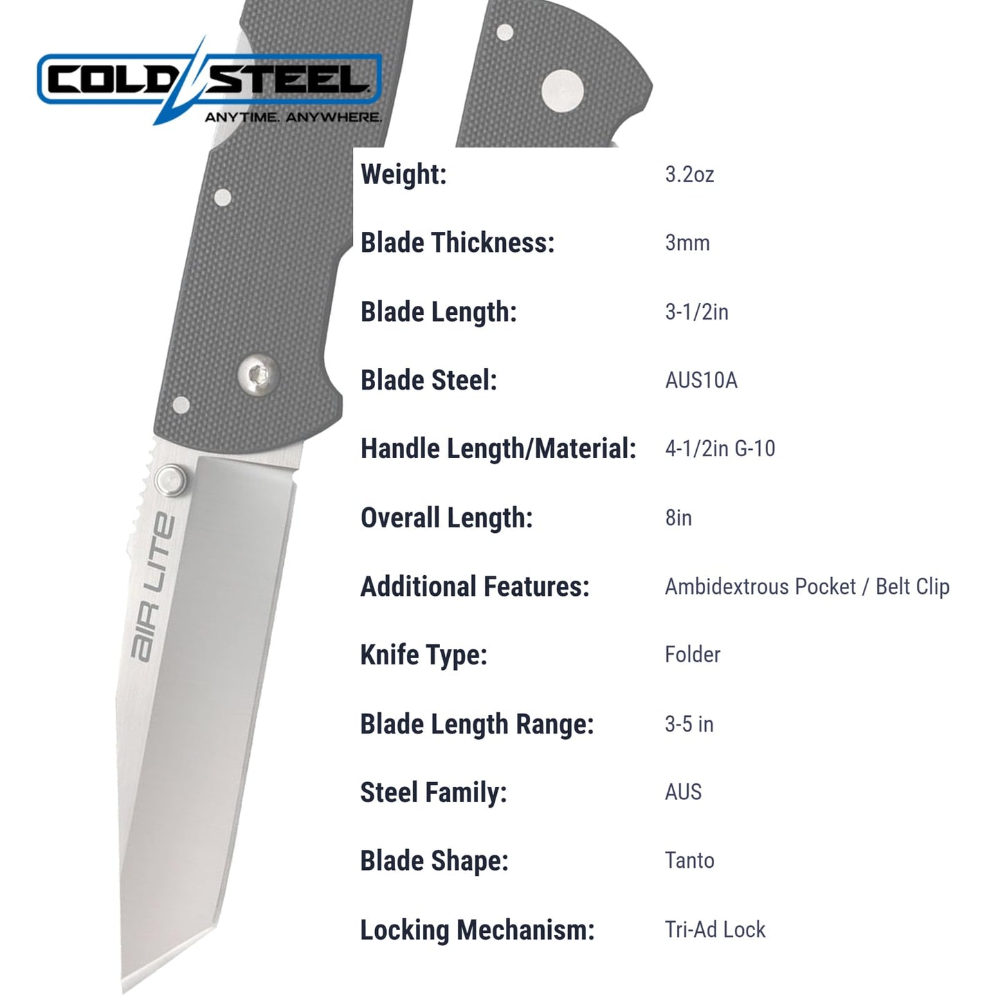 Cold Steel Air Lite 3.5" AUS10A Tanto Point Blade 4.5" G-10 Handle Everyday Carry Compact Pocket Folding Knife, Boxed
