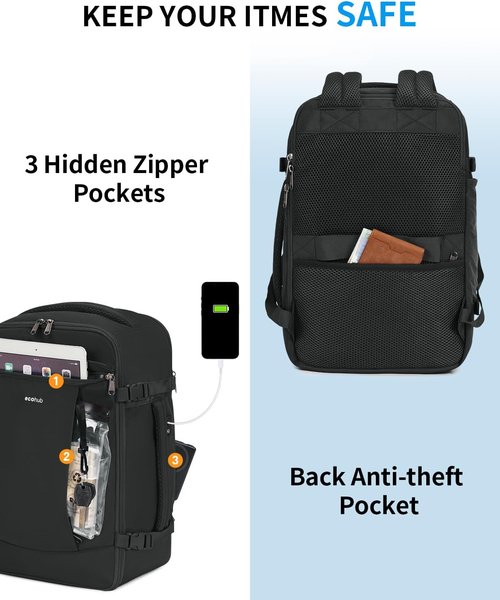 ECOHUB Travel Backpack - 15.6 Inch Laptop Bag with USB Charging & Anti-Theft Pockets | 30L, Black
