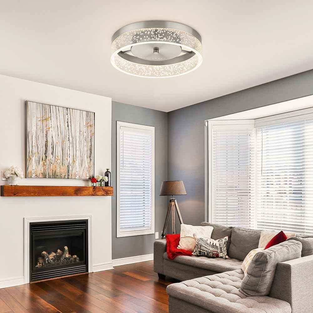 Modern 12-Inch LED Crystal Flush Mount Chandelier - Dimmable Ceiling Light for Dining Room, Bedroom & Kitchen - Brushed Nickel Finish