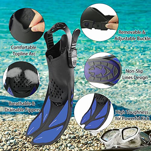 DiVLMT Adult Snorkeling Gear Set with Mask Fins Dry Snorkel, US Men 9-13 / Lady 10-14, Blue