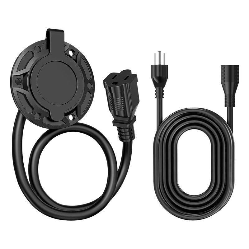 125V 15A AC Port Plug (with 42cm/16.54in Integrated Extension Cord and Water-Resistant Cap) & Power Extension Cord (3m/9.84ft), Power Inlet Socket Electrical Outlet Receptacle for Golf Cart