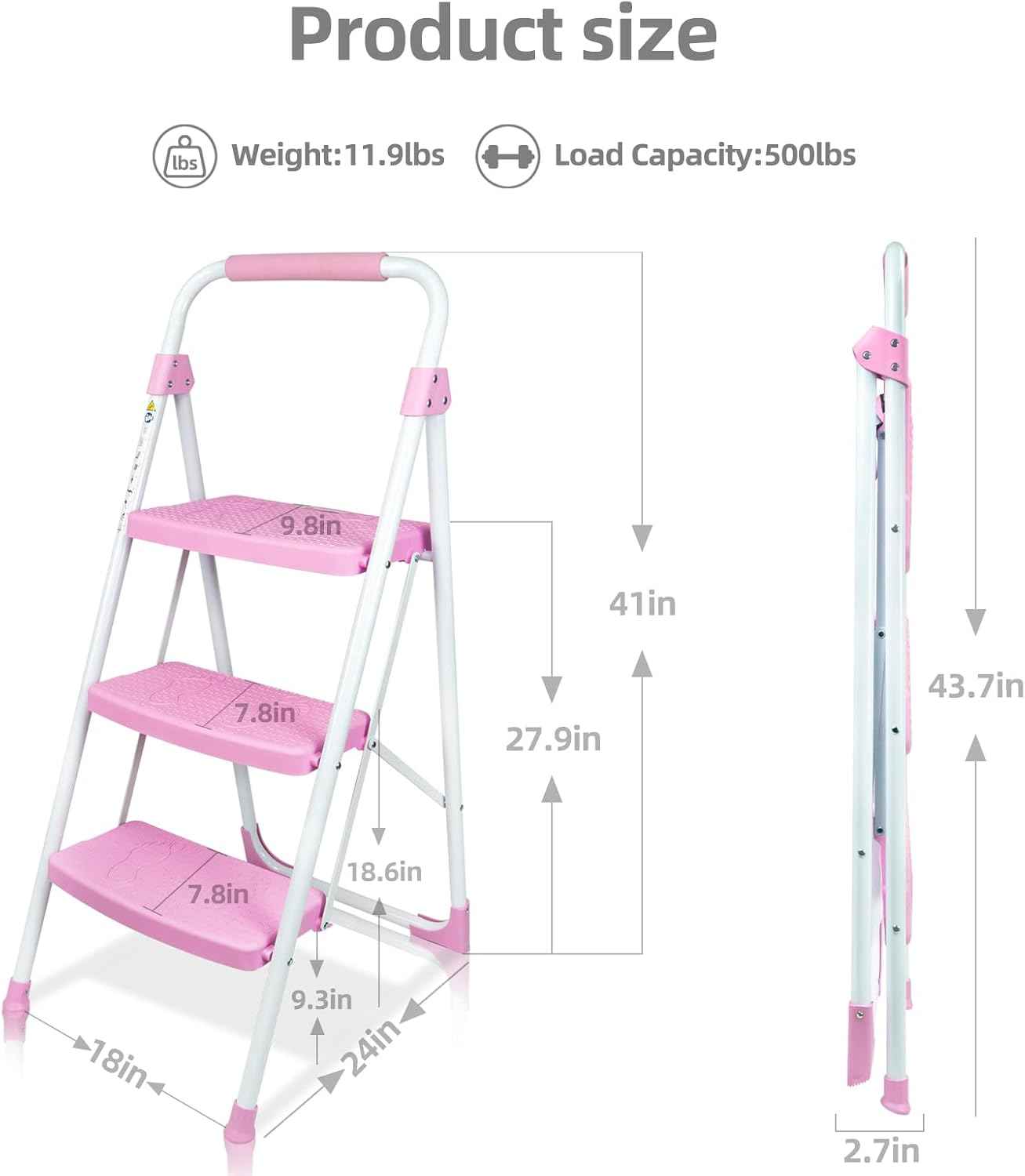Portable 3-Step Folding Ladder - Sturdy Steel Step Stool with Anti-Slip Pedal & Handgrip, 500lbs Capacity for Home & Office