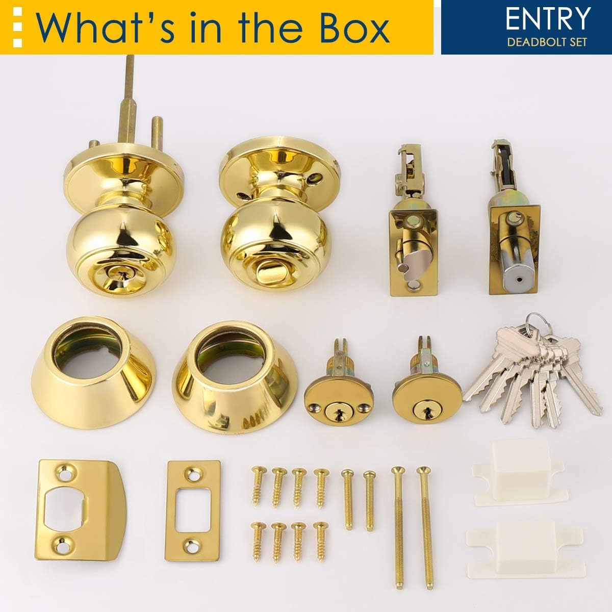 Brotima 4 Pack Round Polished Brass Entry Door Knobs and Deadbolt Combination Set, Double Cylinder Deadbolt Door Lock Set, Keyed Alike, ANSI Grade 3 Security, 250,000 Cycles