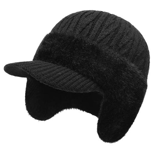 JHDESSLY Winter Beanie with Brim Ear Flaps for Men Women, Warm Fleece Lined Knit Hat Stocking Caps for for The Cold Weather Black