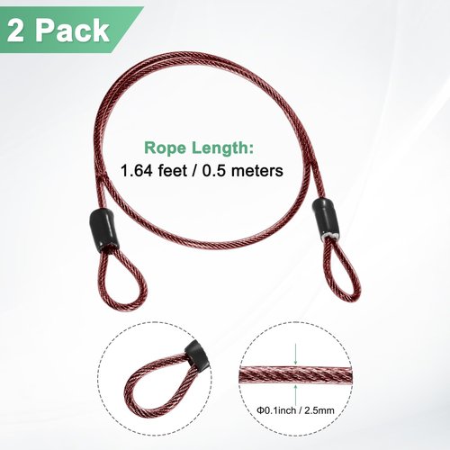M METERXITY 2-Pack Security Cable Lock, 1.64FT PVC Coated Steel Luggage Lock Wire Rope with Double Loop for Outdoor Travel/Gate/Bike, Cut-Resistant Braided Steel Cable [Red]