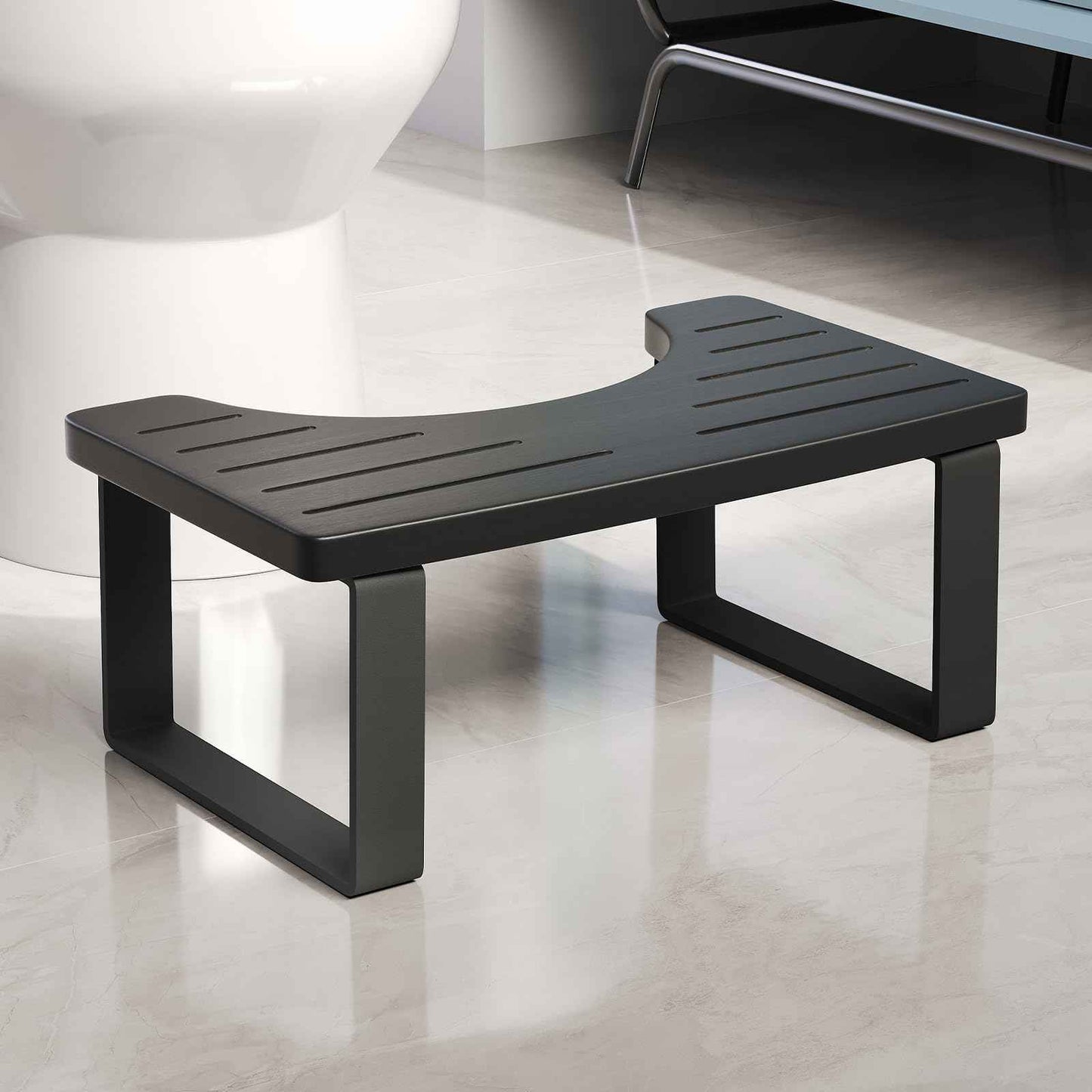 Squatting Potty for Adults, 7in Wooden Poop Stool Adult, Matte Black Bamboo Toilet Stool Squat, Wood Pooping Stool for Bathroom, Toilet Foot Step for Kids with Non-Slip Mat