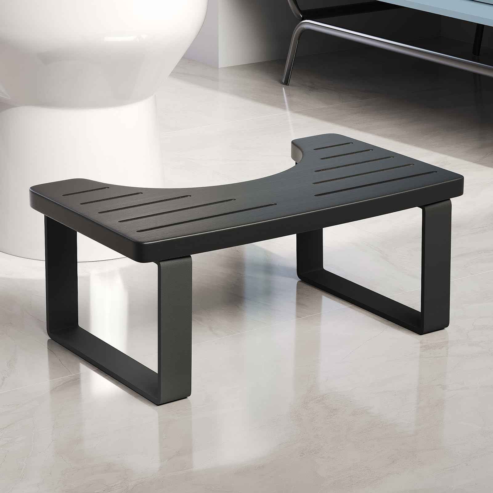 Squatting Potty for Adults, 7in Wooden Poop Stool Adult, Matte Black Bamboo Toilet Stool Squat, Wood Pooping Stool for Bathroom, Toilet Foot Step for Kids with Non-Slip Mat