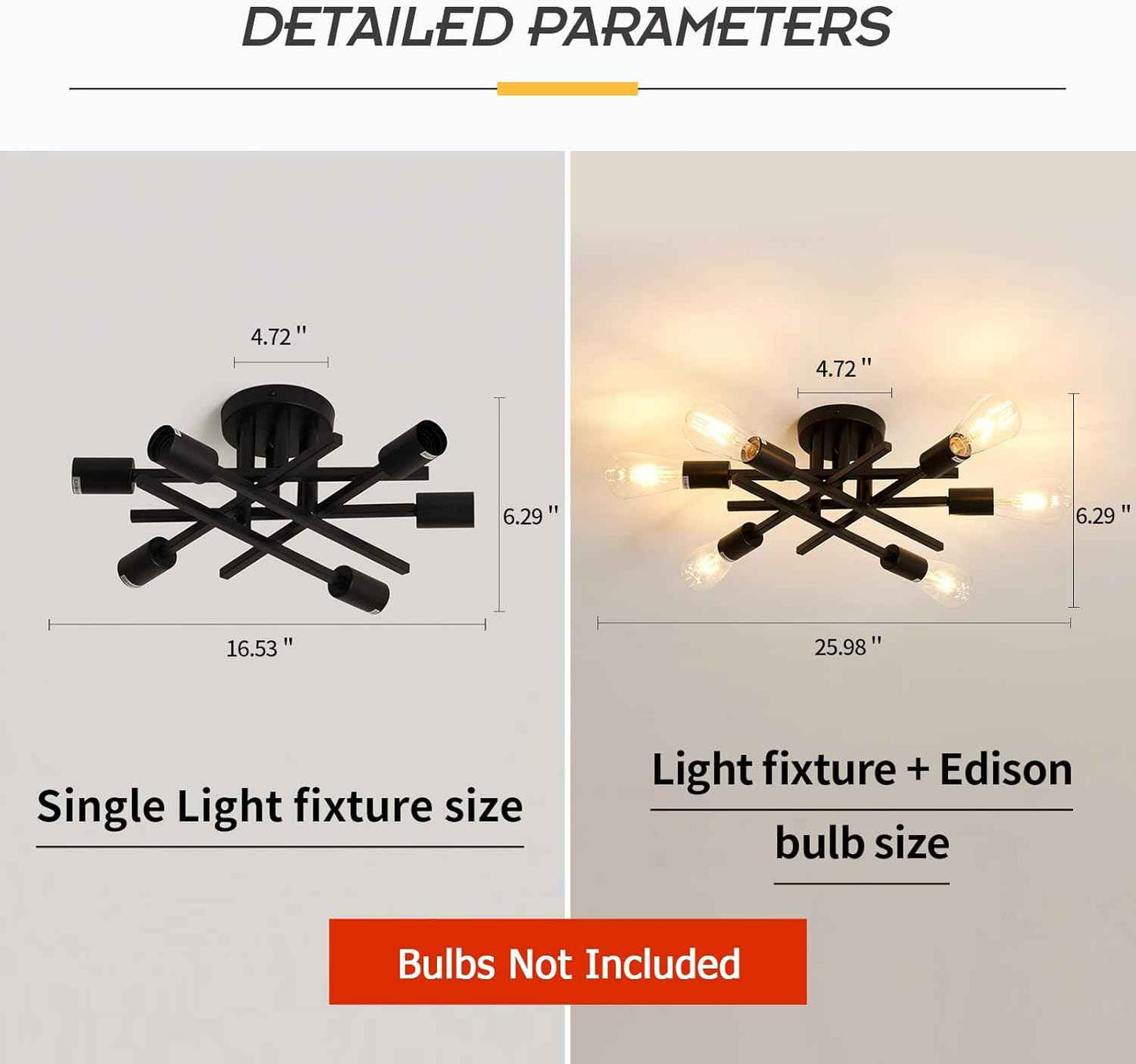 Gold Modern 6-Light Semi Flush Mount Ceiling Light Fixture - Vintage Sputnik Chandelier for Kitchen, Dining & Living Room