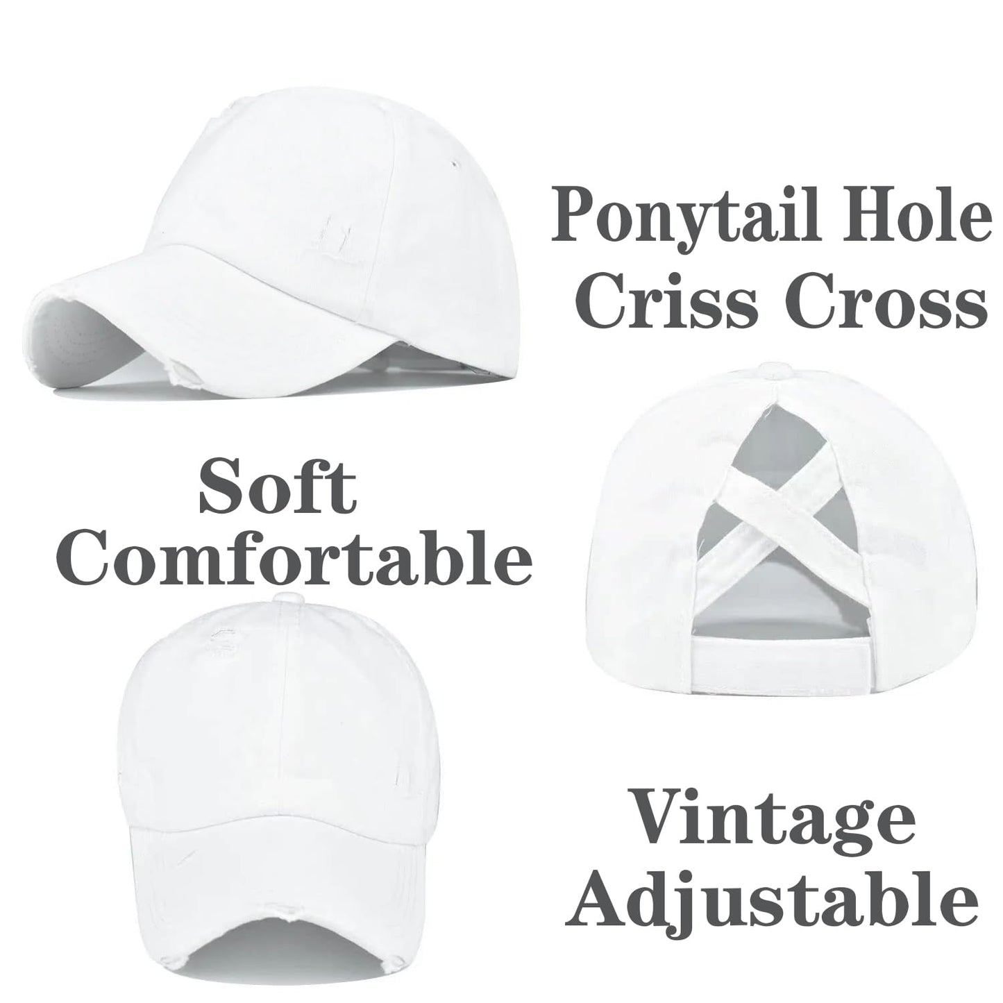2 Packs Womens Ponytail Criss Cross Hat Baseball Cap Distressed Ponytail Hat High Messy Bun Trucker Ponycap
