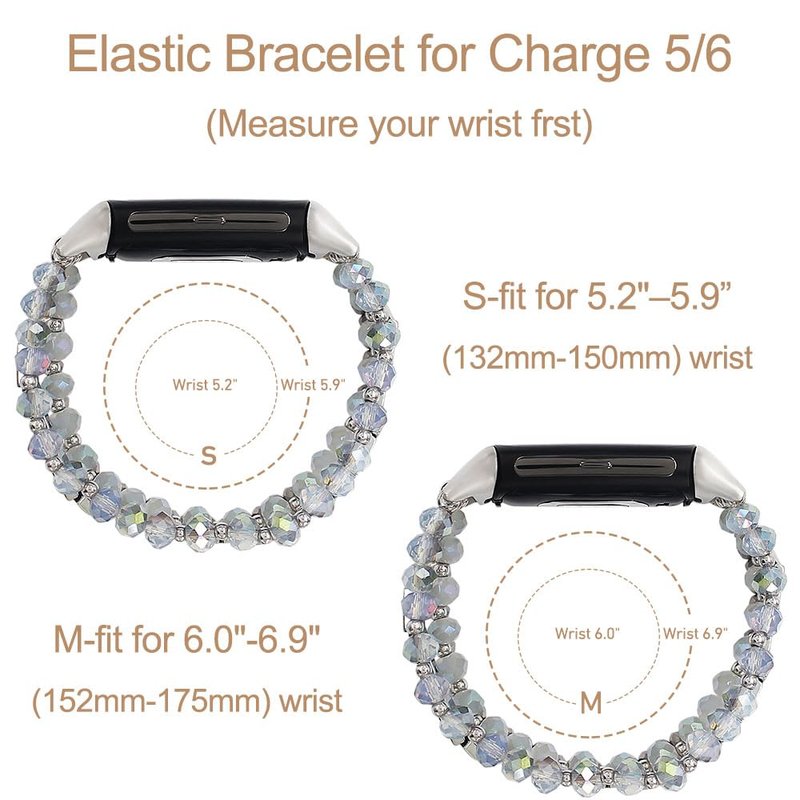 WONMILLE Beaded Bracelet Compatible with Fitbit Charge 6 Bands/Fitbit Charge 5 Bands Women, Elastic Stretch Bracelets Jewelry Strap Replacement for Charge 6/Charge 5 Fitness Tracker (Blue/Silver,S)