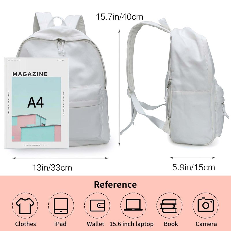 Zicac DIY Canvas Backpack, Classic Basic Daypack, Lightweight Casual Travel Daypack Satchel Backpack Unisex (White)