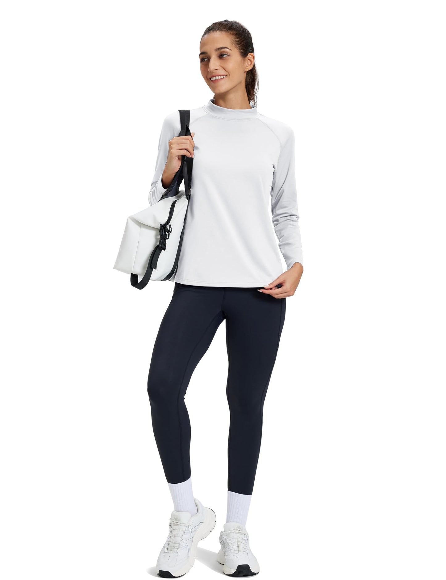 TACVASEN Mock Neck Tops for Women Fleece Lined Thermal Shirt Long Sleeve Workout Running Base Layer Casual Cold Weather Gear White,M