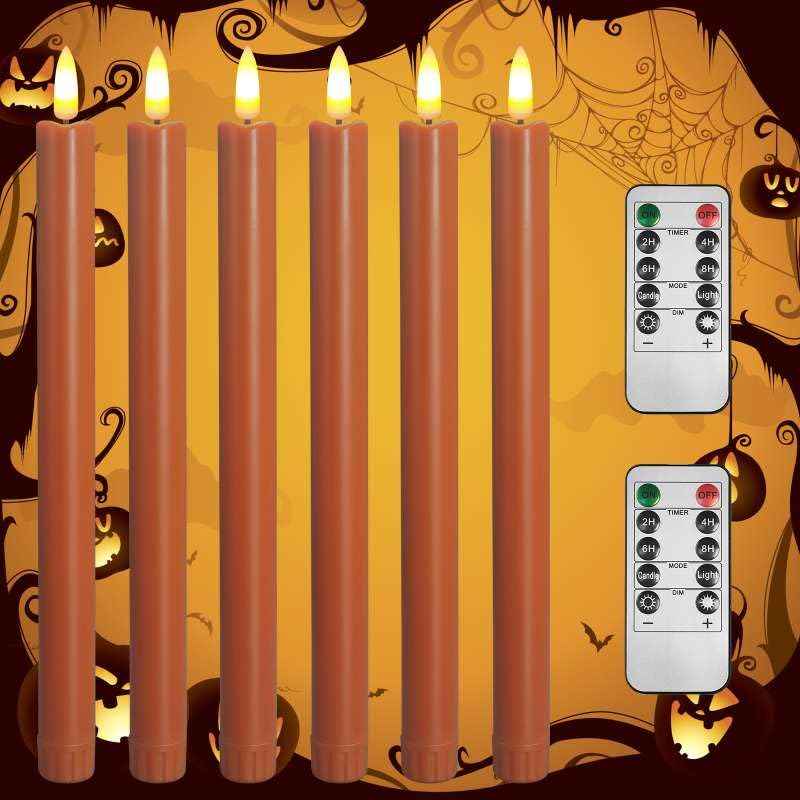 SUNGEGE Orange Flameless Taper Candles, 6 Pack, 0.78 x 9.9 Inches, LED Flickering with 2 Remotes, Battery Operated for Halloween, Fall, and Thanksgiving Decorations