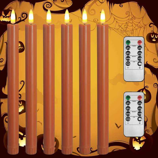 SUNGEGE Orange Flameless Taper Candles, 6 Pack, 0.78 x 9.9 Inches, LED Flickering with 2 Remotes, Battery Operated for Halloween, Fall, and Thanksgiving Decorations