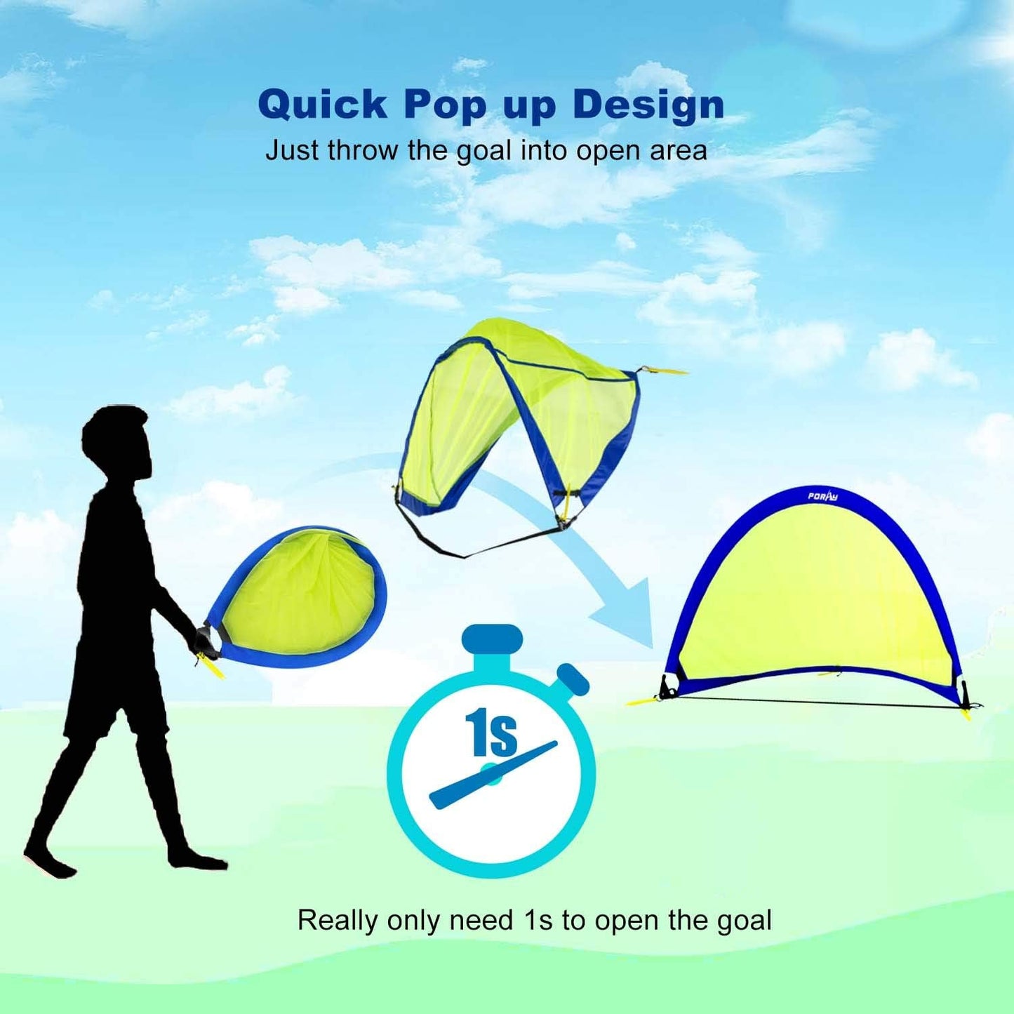 Poray Soccer Goal - Easy-Up Portable Soccer Net Set of 2 with 8 Field Marker Cones & Extra Stakes