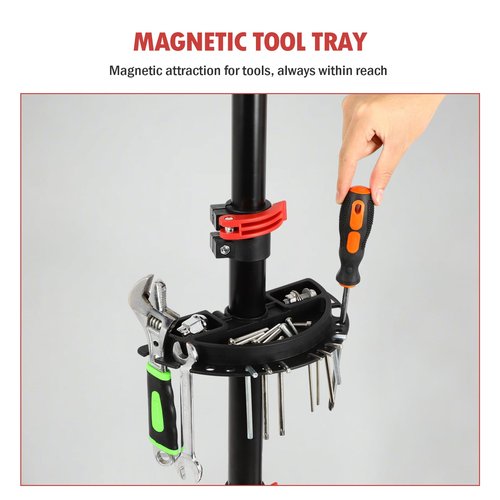 FAHKNS Bike Repair Stand: Heavy-Duty Telescoping Bicycle Repair Stand with Tool Tray, Rotating Clamps, and Adjustable Handlebar Rod