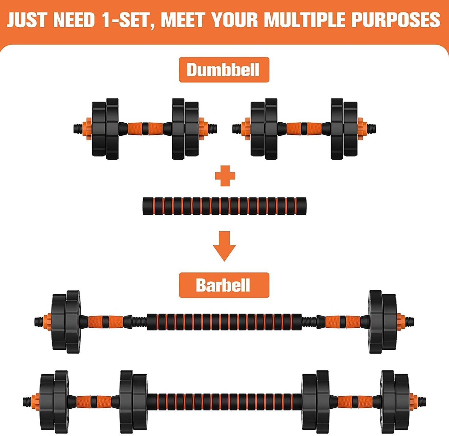 86 lbs BOSWELL 3 in 1 Adjustable Weights Barbell Dumbbells Set, Non-Slip Neoprene Hand with Connecting Rod for Adults Women Men Workout Fitness,Home Gym Exercise Training Equipment