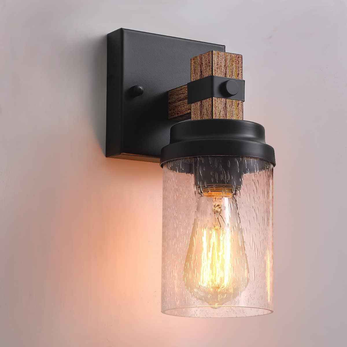 Farmhouse 2-Light Vanity Lights for Bathroom - Rustic Black Wood & Glass Sconces