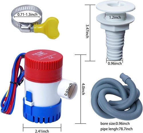 12V 1100 GPH Boat Bilge Water Pump - Complete Plumbing Kit with Hose & Clamps