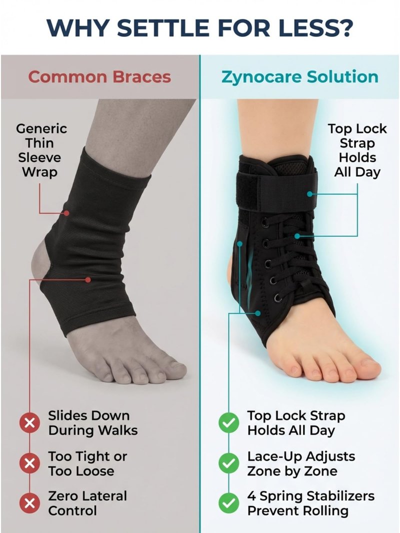 ZYNOCARE Strong Support Ankle Brace for Women and Men, Dual Spring-Stabilized Lace Up Ankle Support Brace, Figure-8 Wrap, Breathable 4mm Neoprene Ankle Stabilizer for Walking & Recovery, (M)