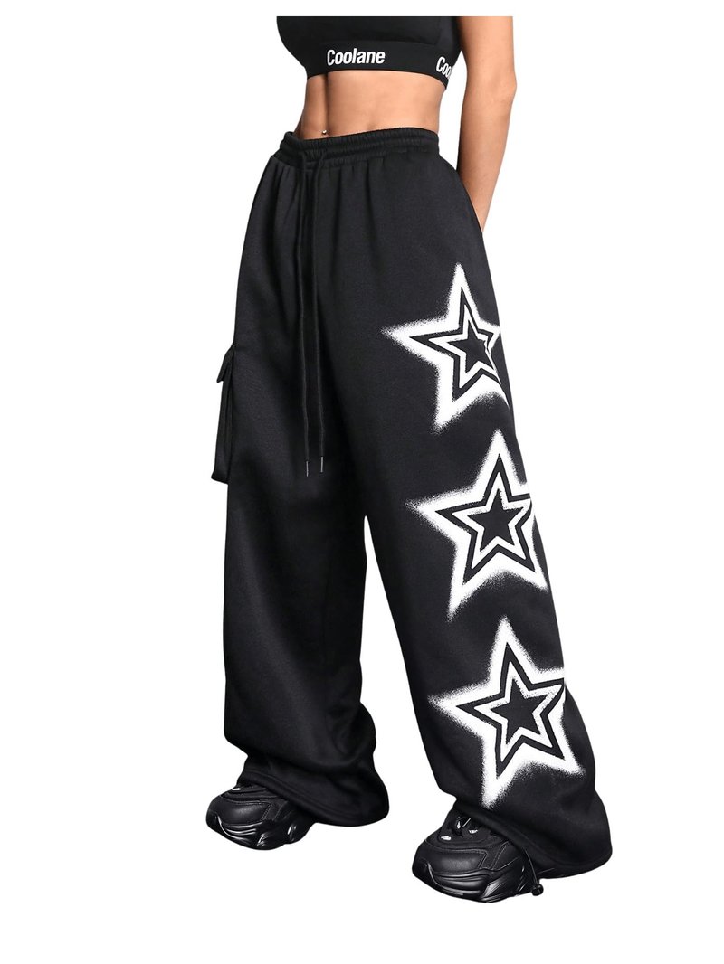 BEAUDRM Women's Y2k Baggy Sweatpants Star Print Drawstring Elastic Waist Baggy Pants Wide Leg Fleece Lined Cargo Sweatpants Black Large