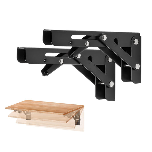 Ravinte 6 Inch Heavy Duty Folding Shelf Brackets - Collapsible Matte Black Brackets for Table, Bench, Space Saving Design, 2 Pack