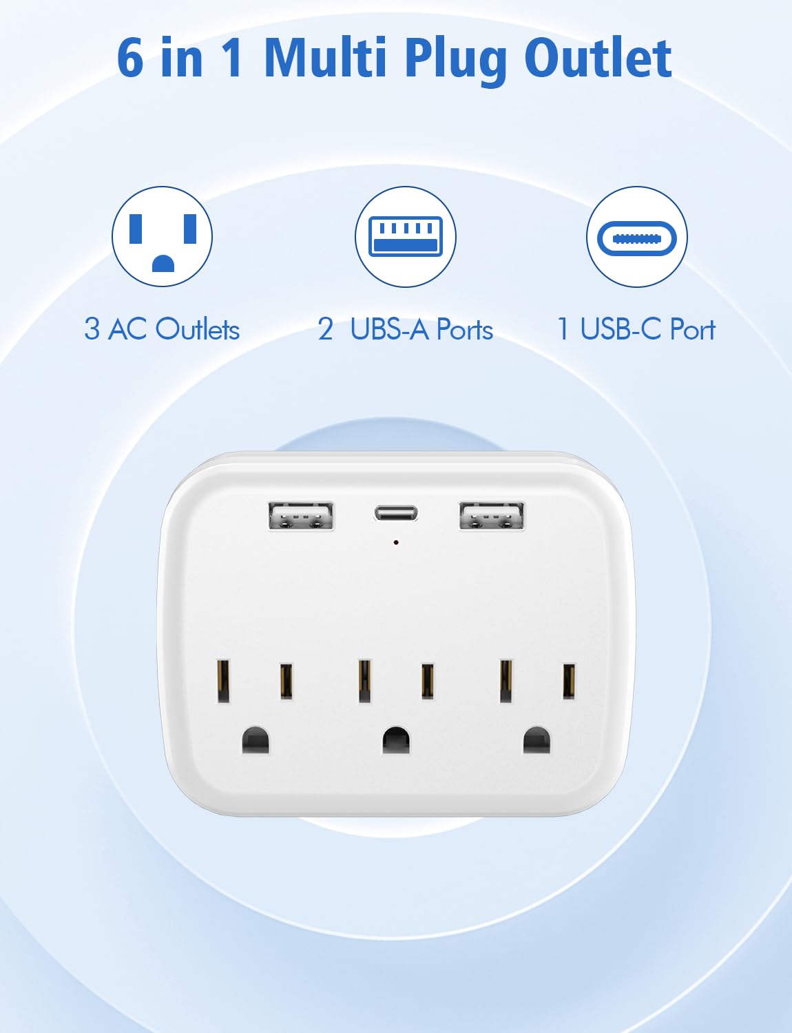 Citelect 3 Outlet Extender Multi Plug Wall Outlets, Surge Protector, Wall Plug Splitter with 3 AC Outlets & 3 USB Ports (2 USB-A + 1 USB-C), Plug Adapter for Home/Office/Hotel/Travel, White(1 Pack)