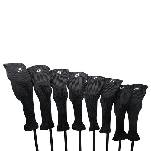All Hybrid Head Cover Golf Club Black Sleek Tight Fit Headcover Set 3-PW Acrylic Head Covers 3 4 5 6 7 8 9 PW Easy to See Large White Embroidered Numbers