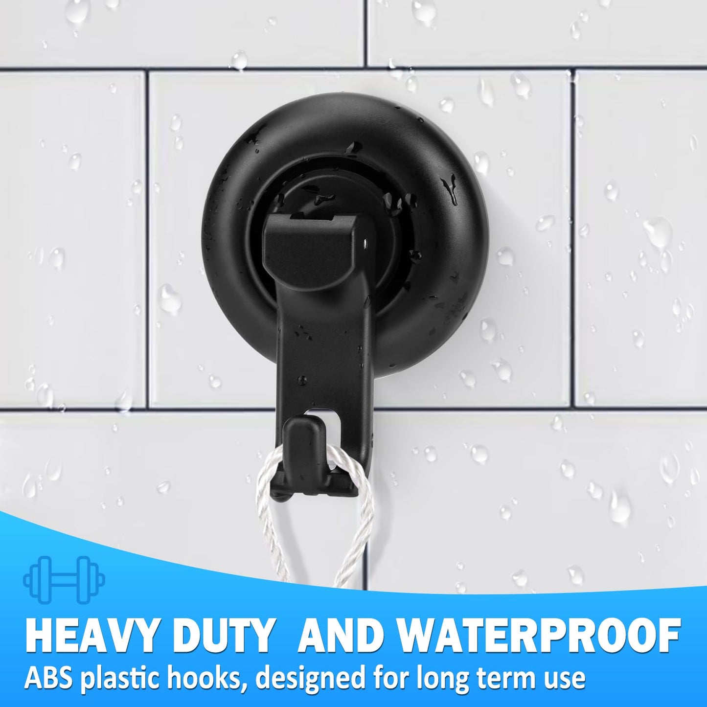 TACGEA Suction Cup Hooks for Shower, Powerful Vacuum Shower Hook for Towel, Robe, Loofah - Reuseable and Removeable Bathroom Hook, Black, 4 Pack