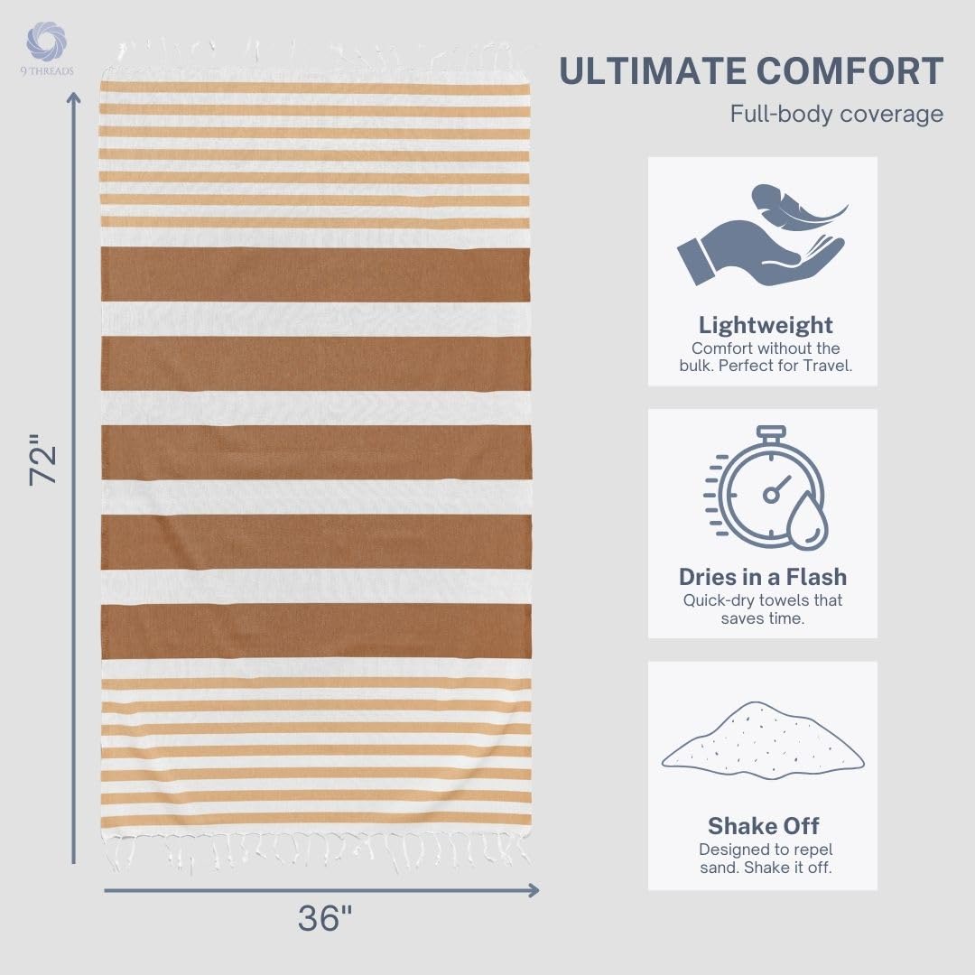 9Threads Cotton Turkish Beach Towel with Towels Oversized 36"x72" Pool Absorbent Extra Large Quick Dry Sand Travel Towel (Biscotti Luxe, 4 Pack)
