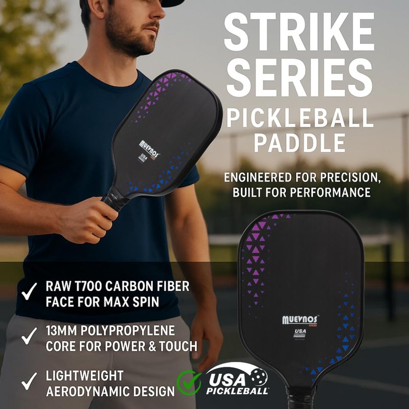 Muevnos Strike Pickleball Paddle, 13mm T700 Carbon Fiber, Durable Textured Surface for Power and Spin, USAPA Approved Pickleball Paddle, Lightweight Design for Beginners & Intermediate Players, Black