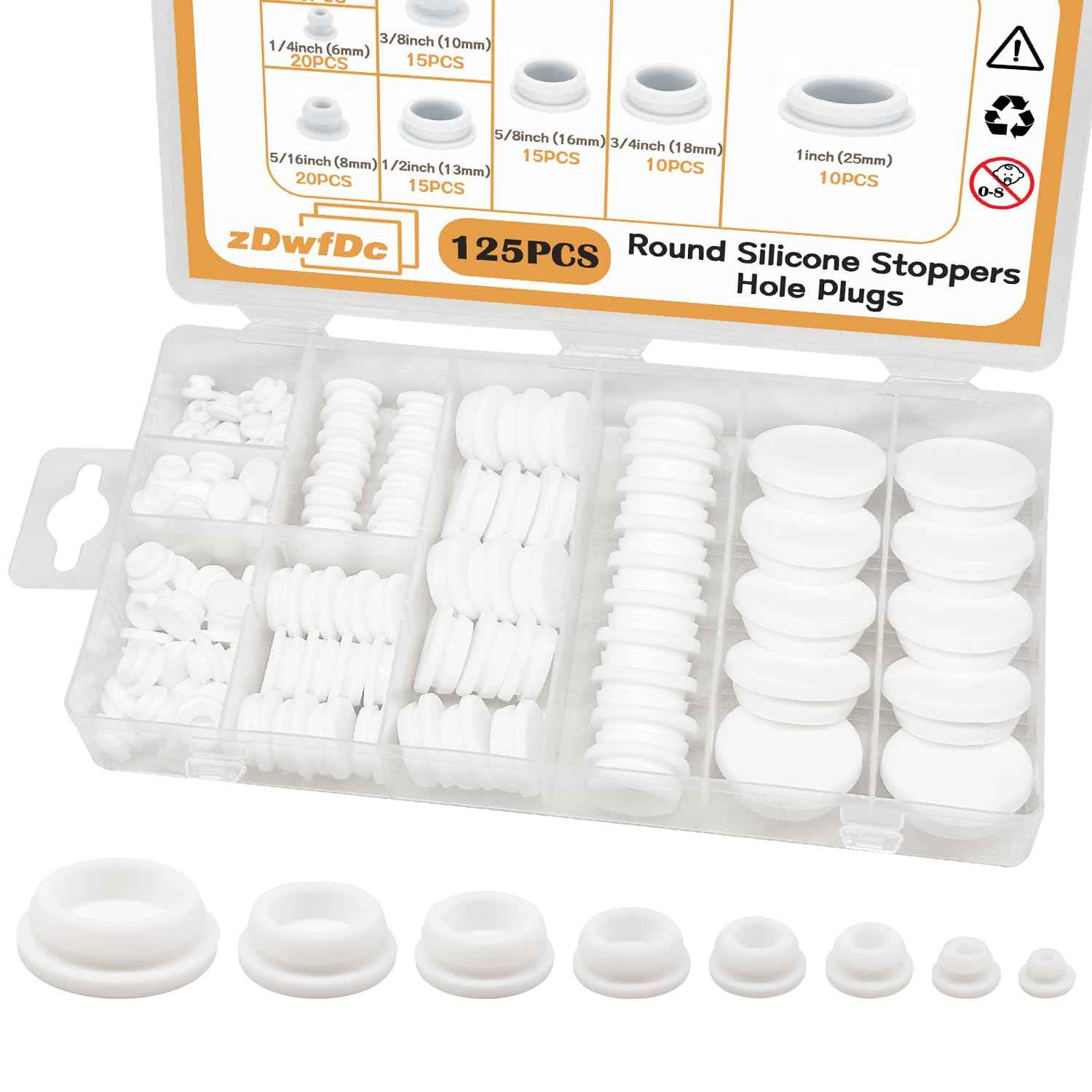 zDwfDc 125PCS 8 Sizes White Rubber Plug Silicone Plugs for Round Holes, 1" 3/4" 5/8" 1/2" 3/8" 5/16" 1/4" 1/5" Round Hole Plugs Snap Locking, Used for Furniture DD028-w