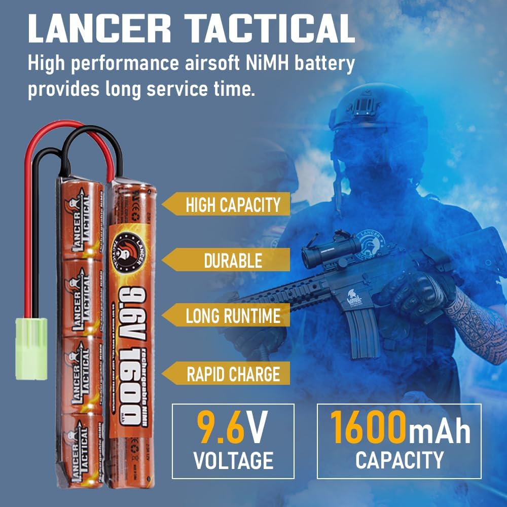 Lancer Tactical Airsoft Battery Charger & 9.6V NiMH 1600mAh Rechargeable Pack | Ideal for AEGs