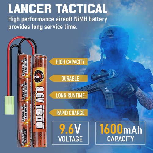 Lancer Tactical 9.6v Battery Pack with Smart Charger, 2 Pack 9.6V NiMH 1600mAh Butterfly Battery w/Nimh Smart Charger