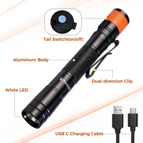 KunHe 180 Lumen LED Portable Rechargeable Pen Flashlight 2-Pack Waterproof Pocket Flash Light Single Mode Easy to Use with Clip Suitable for Inspection Camping and Daily Use