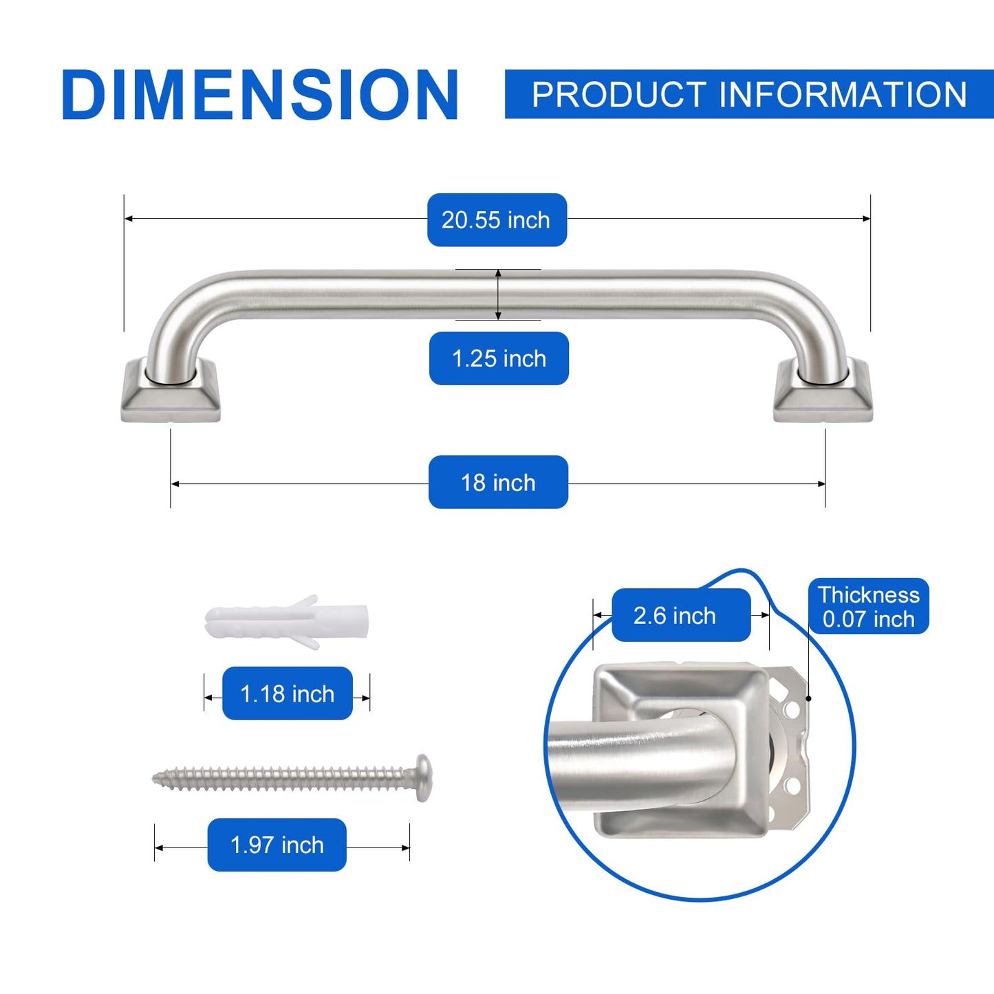 Bathroom Grab Bars Stainless Steel Handrail ADA Compliant 500lbs bathtubs and Showers Toilet Handle Safety for Handicap, Elderly, Disabled, Injury (18inches 2 Pack)