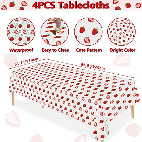 Strawberry Party Tablecloths - 4 Pack Plastic Birthday Covers 86 x 51 Inch