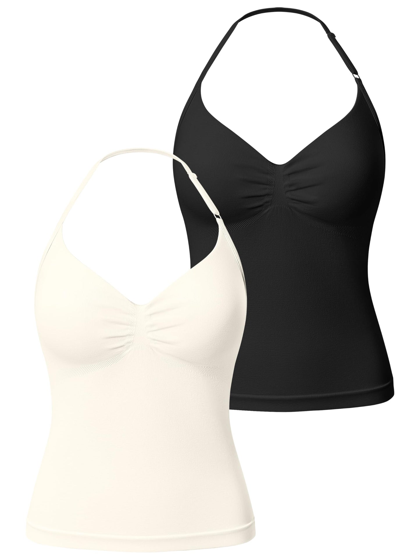 OQQ Women’s Longline Strappy Sports Bra Workout Top with Built-in Bra Soft Stretch Gym Top 2 Pack Black Beige