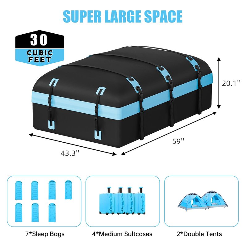 CARFORU Car Rooftop Cargo Carrier Bag, 30 Cubic Feet Waterproof Soft-Shell Car Roof Bag for All Vehicle with/Without Rack, Include Anti-Slip Mat, Reinforced Straps, Door Hooks Luggage Lock (Blue)