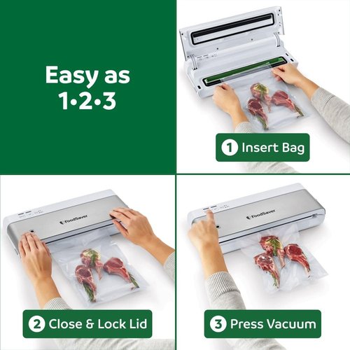 FoodSaver PowerVac Compact Vacuum Sealing Machine Stainless Steel & Black Vertical Storage VS0150 | Preserves freshness reduces bag waste for both dry and wet food