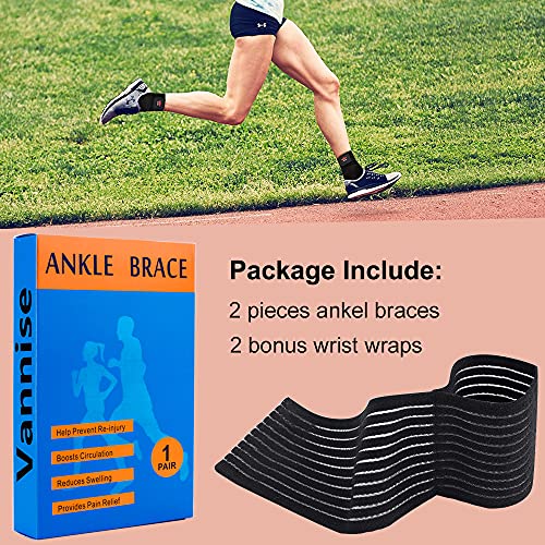 Vinaco Black Ankle Support Brace 2 Pack, Adjustable Compression for Sprained Ankles, Men & Women, Medium