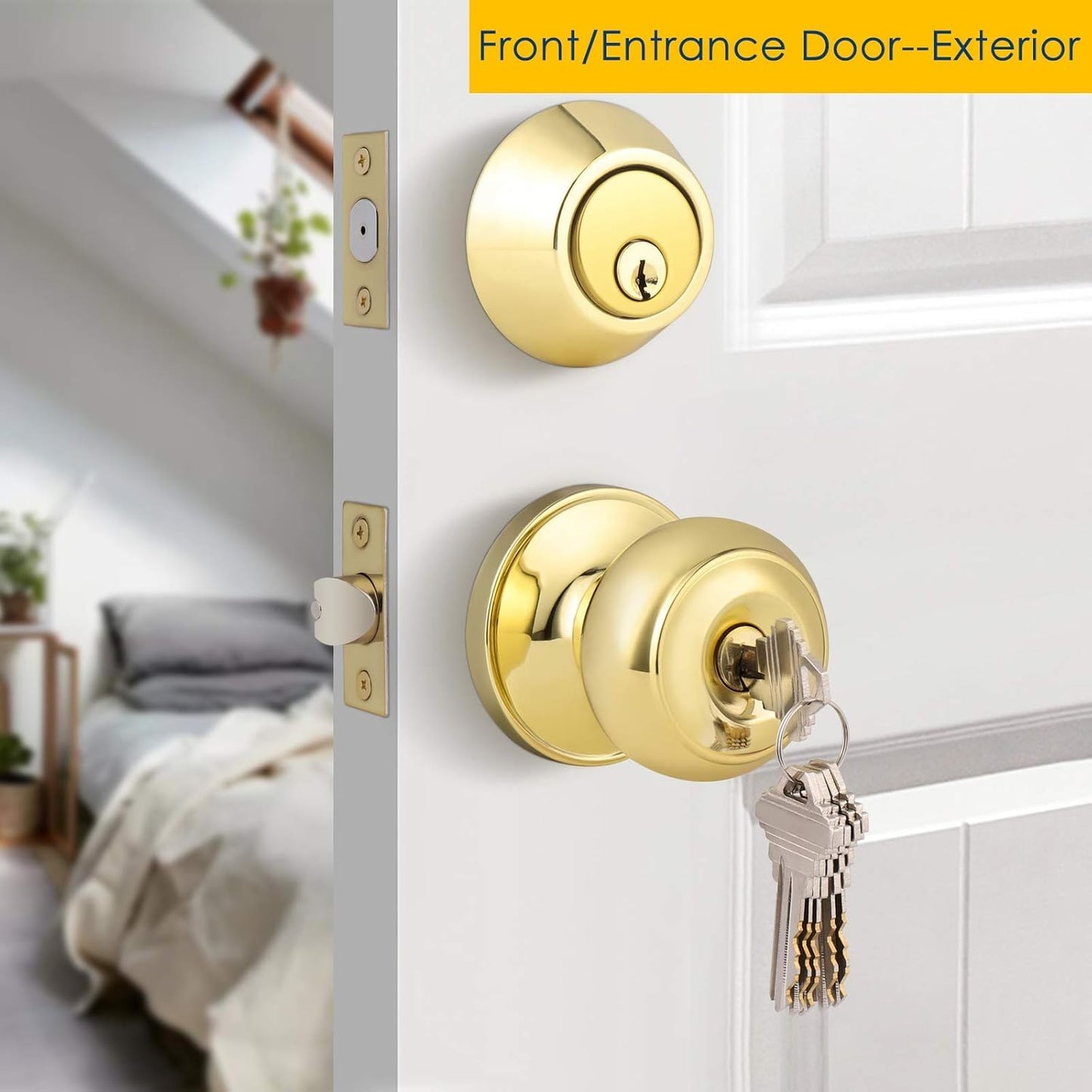 Brotima 4 Pack Round Polished Brass Entry Door Knobs and Deadbolt Combination Set, Double Cylinder Deadbolt Door Lock Set, Keyed Alike, ANSI Grade 3 Security, 250,000 Cycles