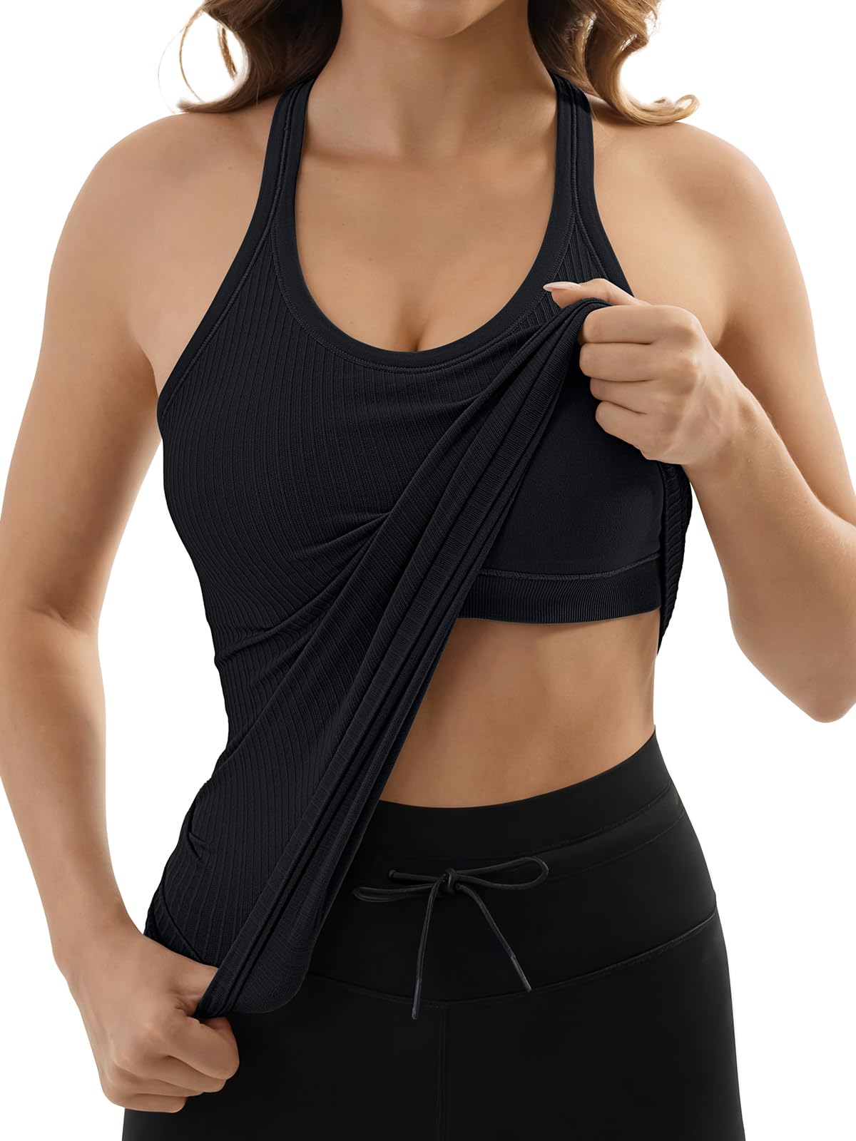 3rd hill Ribbed Workout Tank Tops for Women with Built in Bra Racerback Yoga Sports Bras Fitness Running Shirts Black M